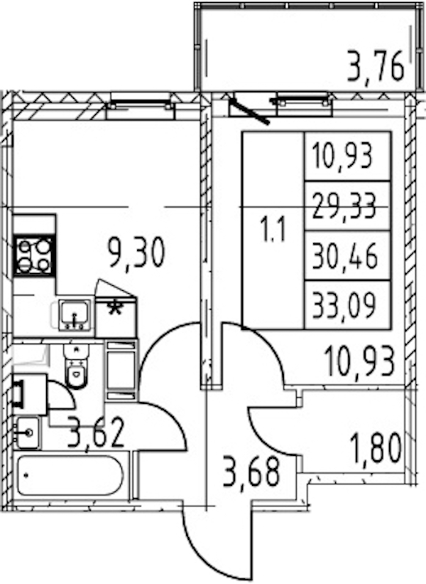 1-комнатная квартира 30.46 м², 12/12 эт., ЖК «Полис ЛАВрики»